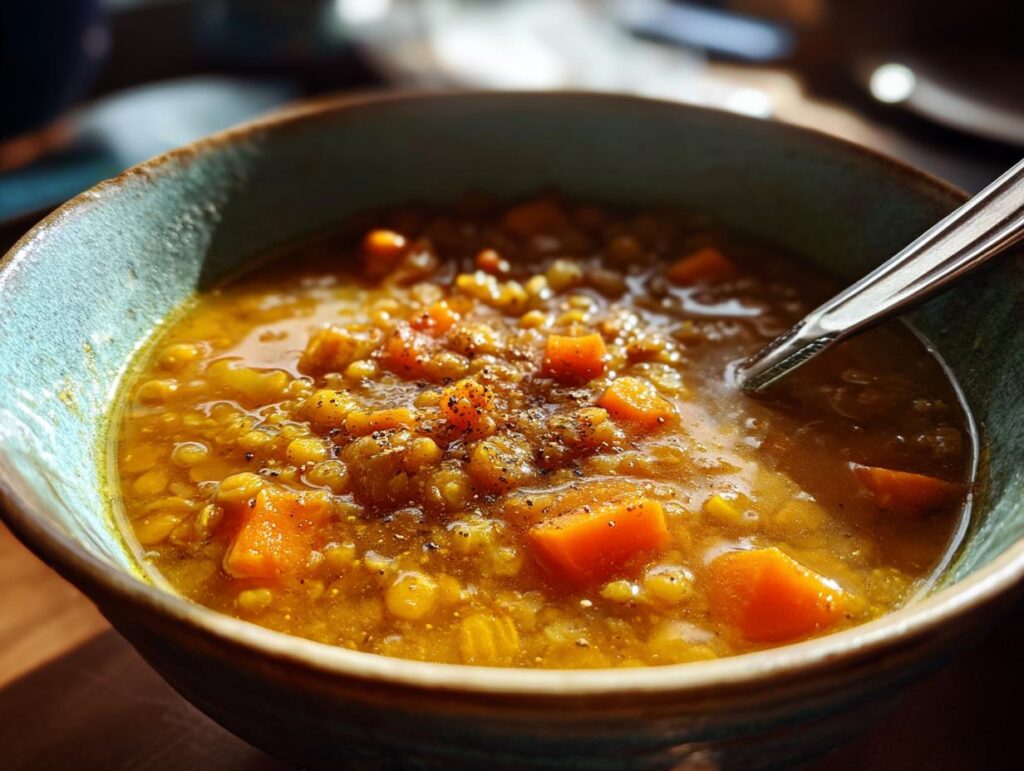 Primer plano de un tazón de lentejas con zanahoria, un plato caliente de invierno perfecto.