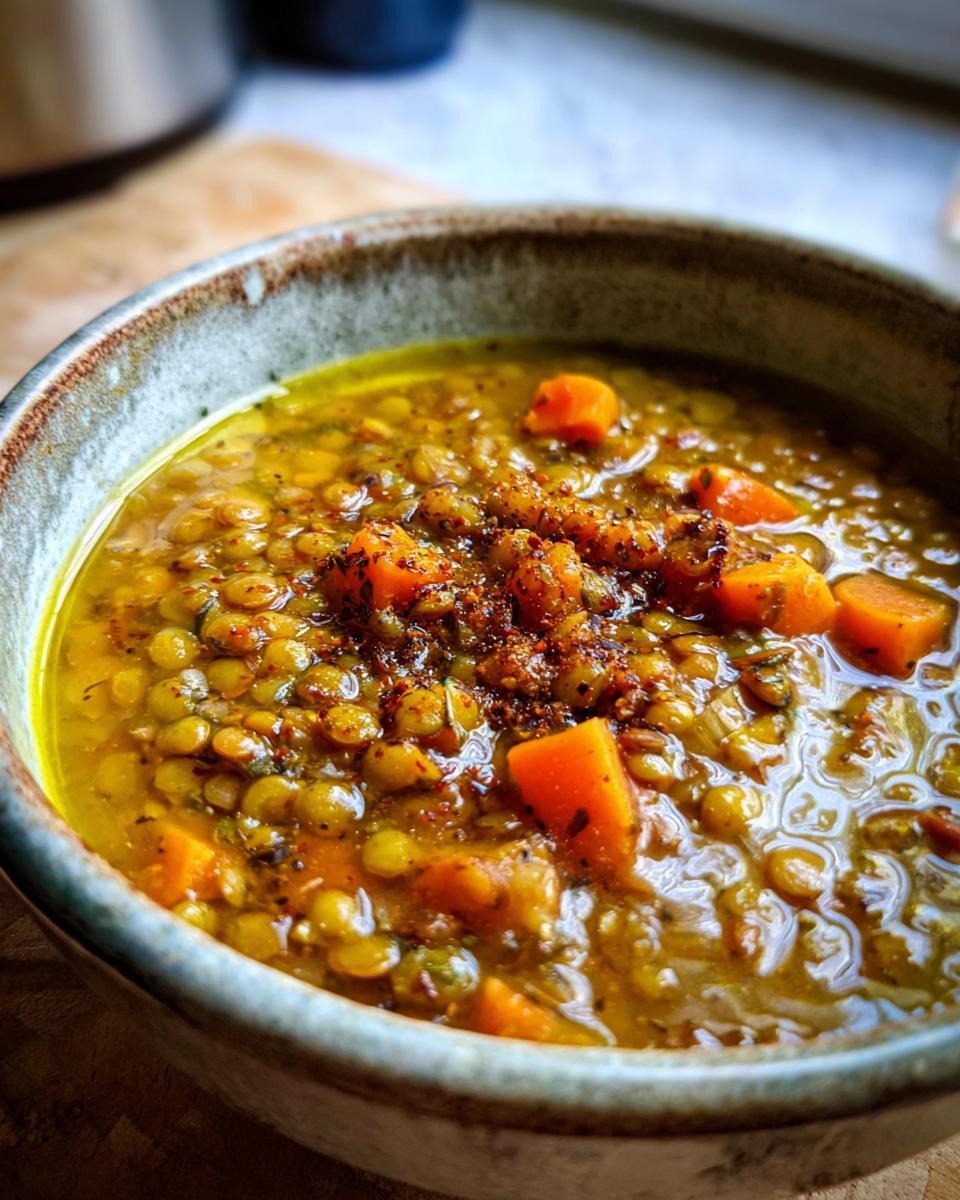 Primer plano de un tazón rústico lleno de lentejas con trozos de zanahoria, un plato caliente de invierno perfecto.