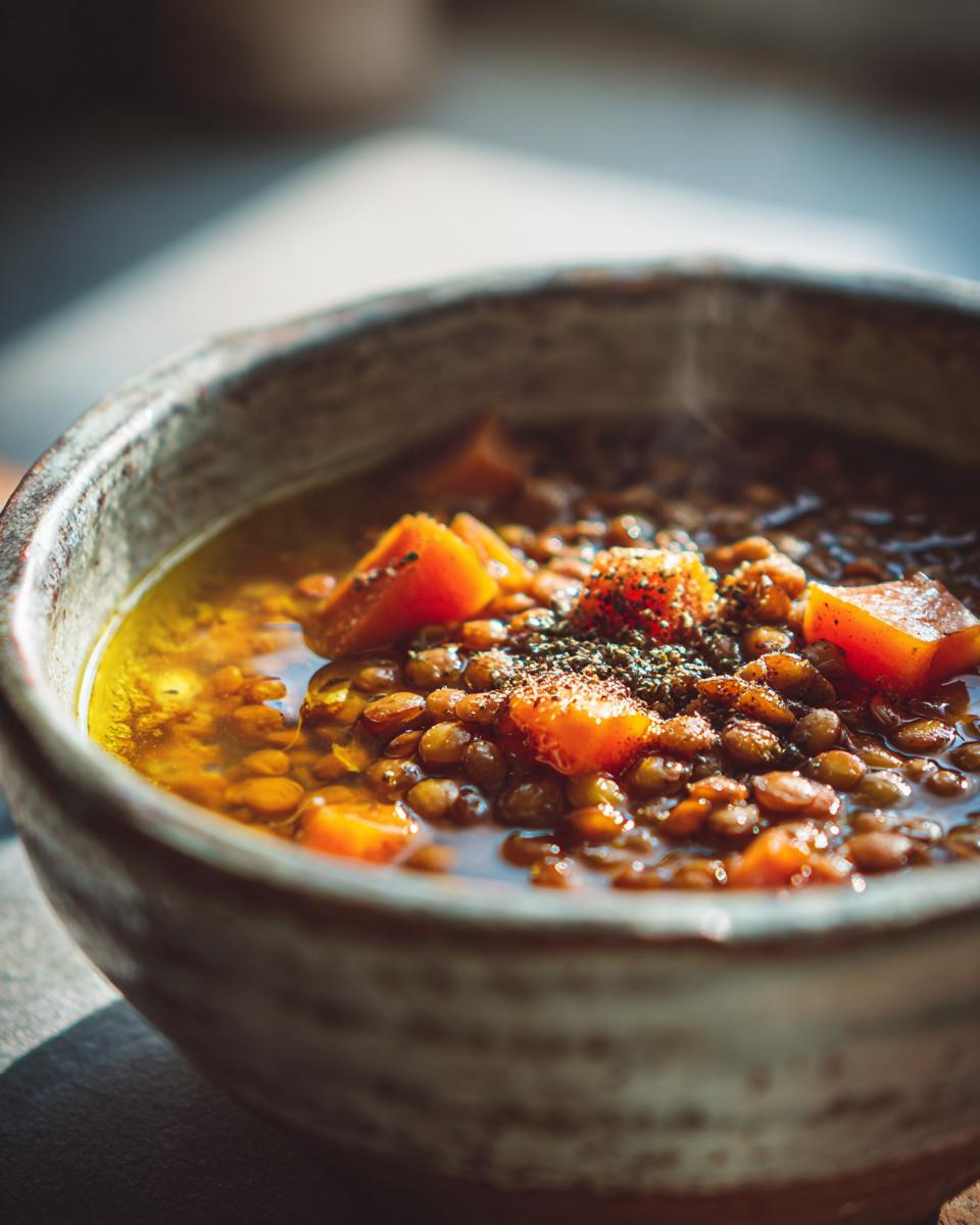 Primer plano de un cuenco rústico con un guiso de lentejas y trozos de zanahoria, uno de los mejores platos calientes de invierno.