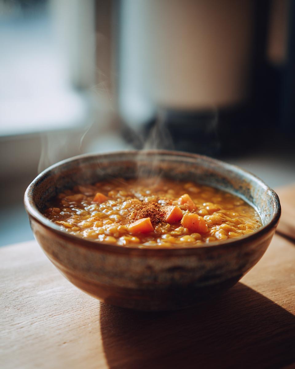 Un cuenco humeante de lentejas con trozos de zanahoria, perfecto para platos calientes de invierno.