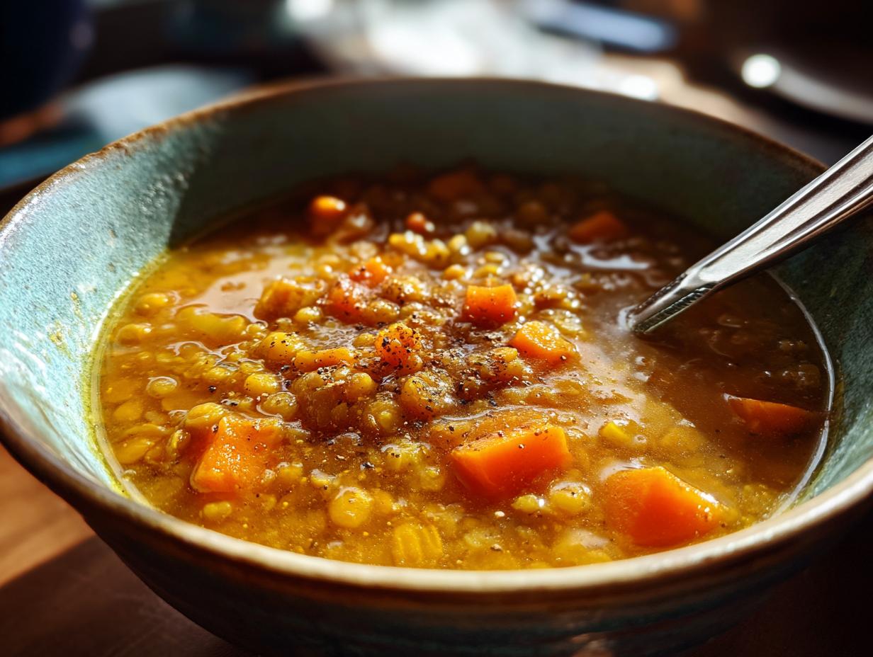 Primer plano de un tazón de lentejas con zanahoria, un plato caliente de invierno perfecto.