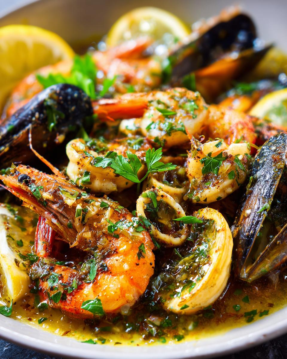 Primer plano de deliciosos mariscos al ajillo, incluyendo gambas, mejillones y calamares, con rodajas de limón y perejil fresco.