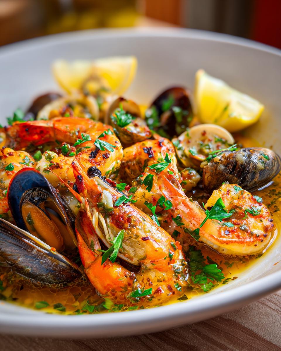 Primer plano de deliciosos mariscos al ajillo, incluyendo gambas y mejillones, servidos con rodajas de limón y perejil fresco.
