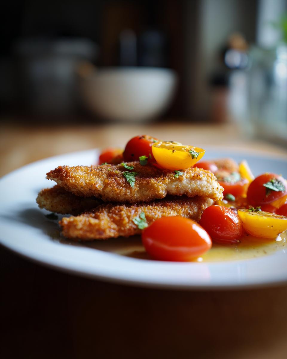 Primer plano de milanesas empanizadas servidas con tomates cherry cortados, ideales para cenas para dos fáciles.