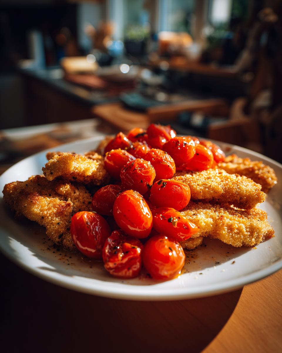 Plato de milanesas empanadas con tomates cherry asados, una opción de cenas para dos fáciles.