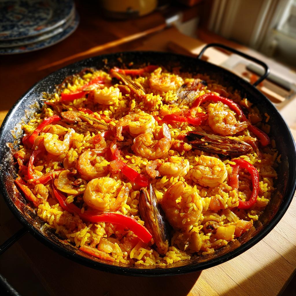 Primer plano de una paella tradicional con gambas, pimientos rojos y mejillones.