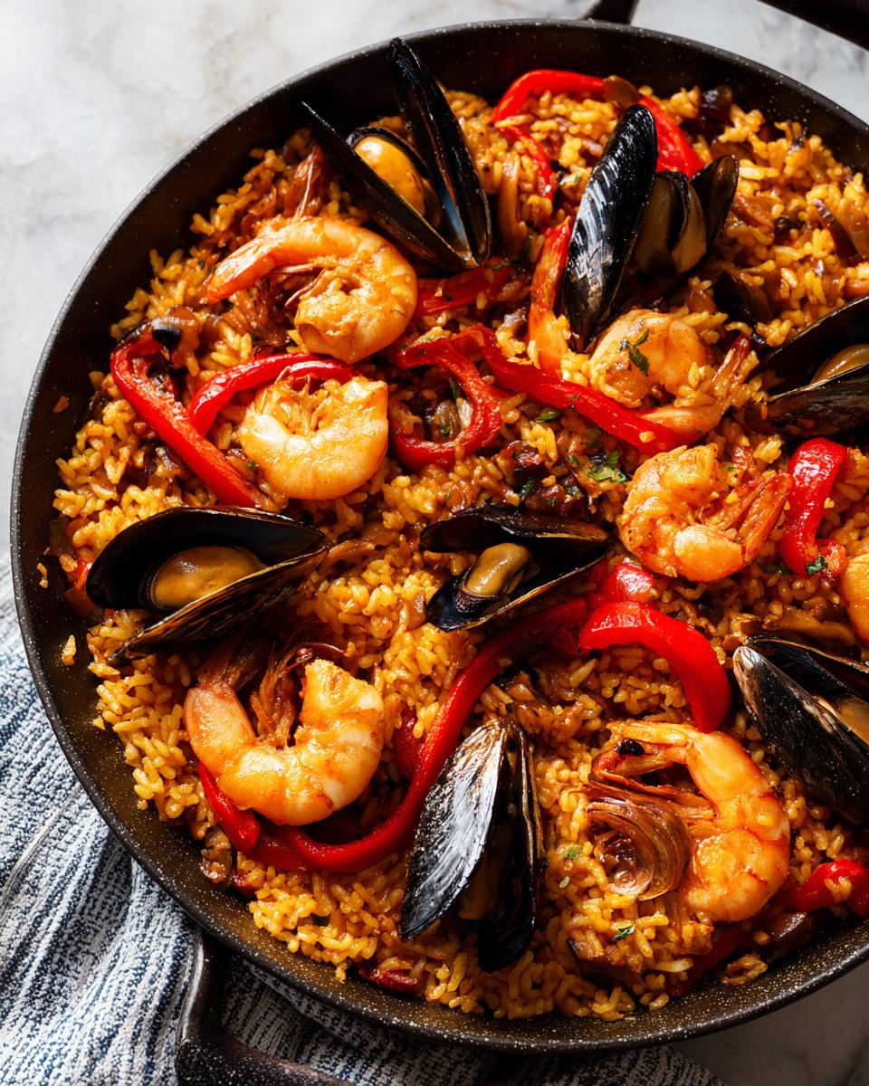 Primer plano de una paella tradicional con arroz, gambas, mejillones y pimientos rojos.