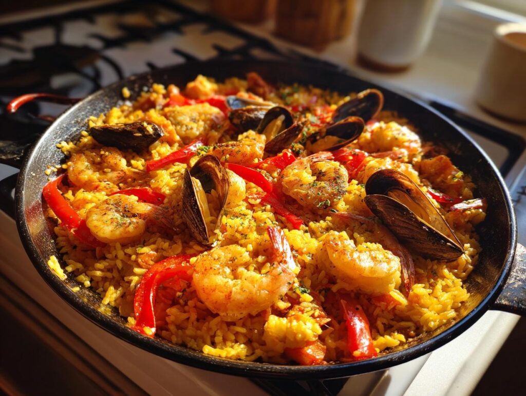 Primer plano de una paella tradicional con arroz amarillo, gambas, mejillones y pimientos rojos.