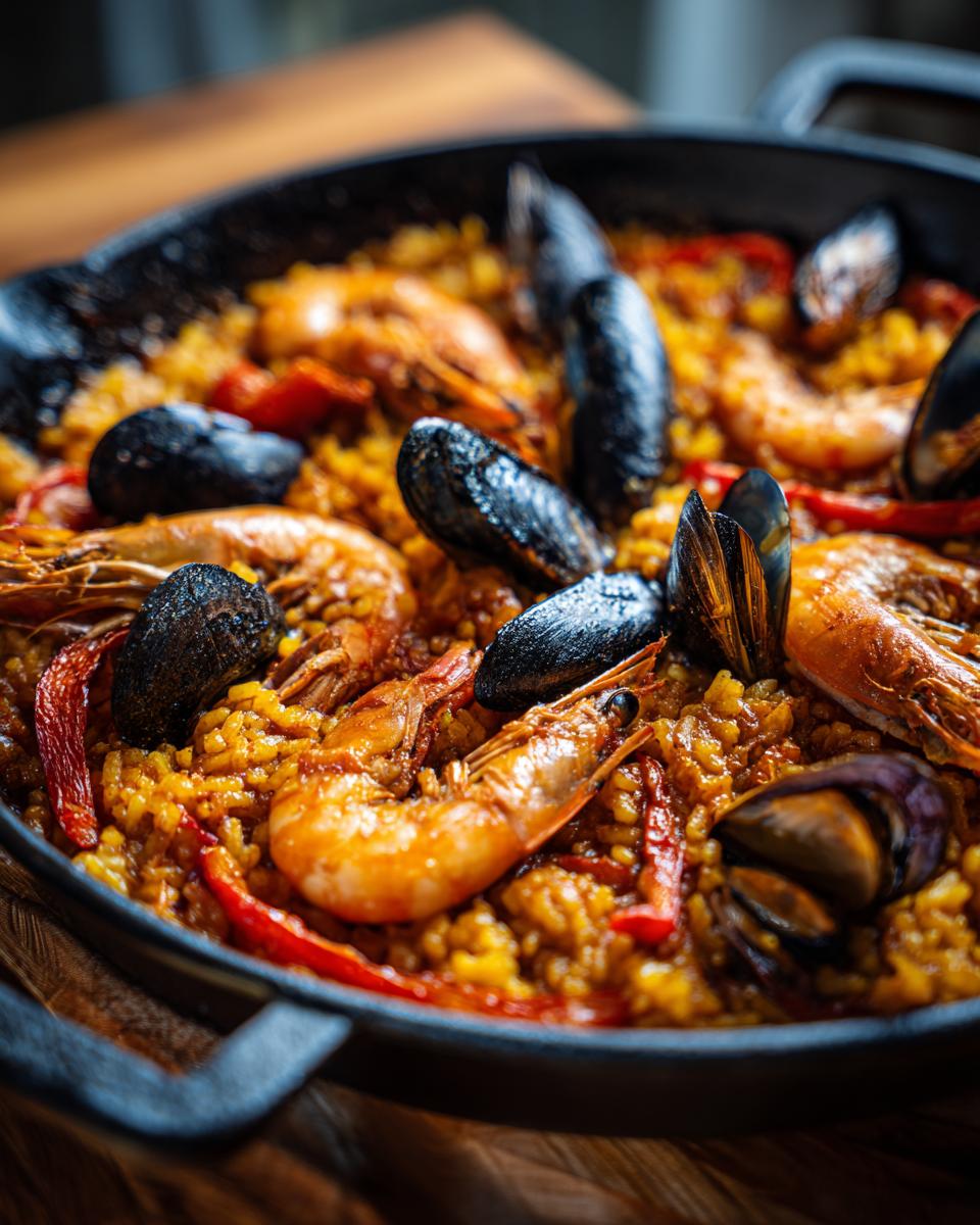 Primer plano de una paella tradicional con gambas, mejillones y pimientos rojos.
