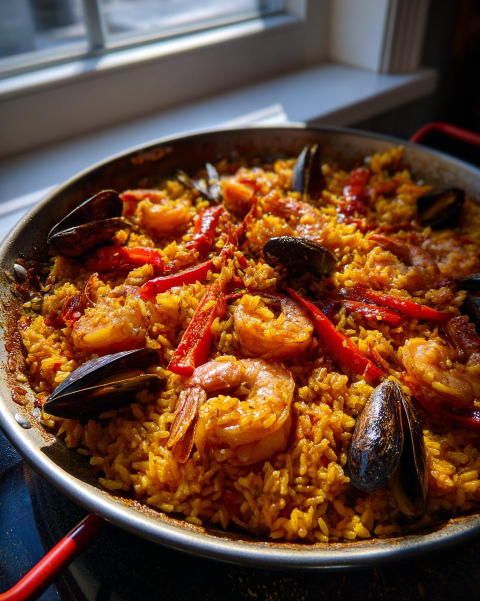 Primer plano de una paella tradicional con gambas, mejillones y pimientos rojos.