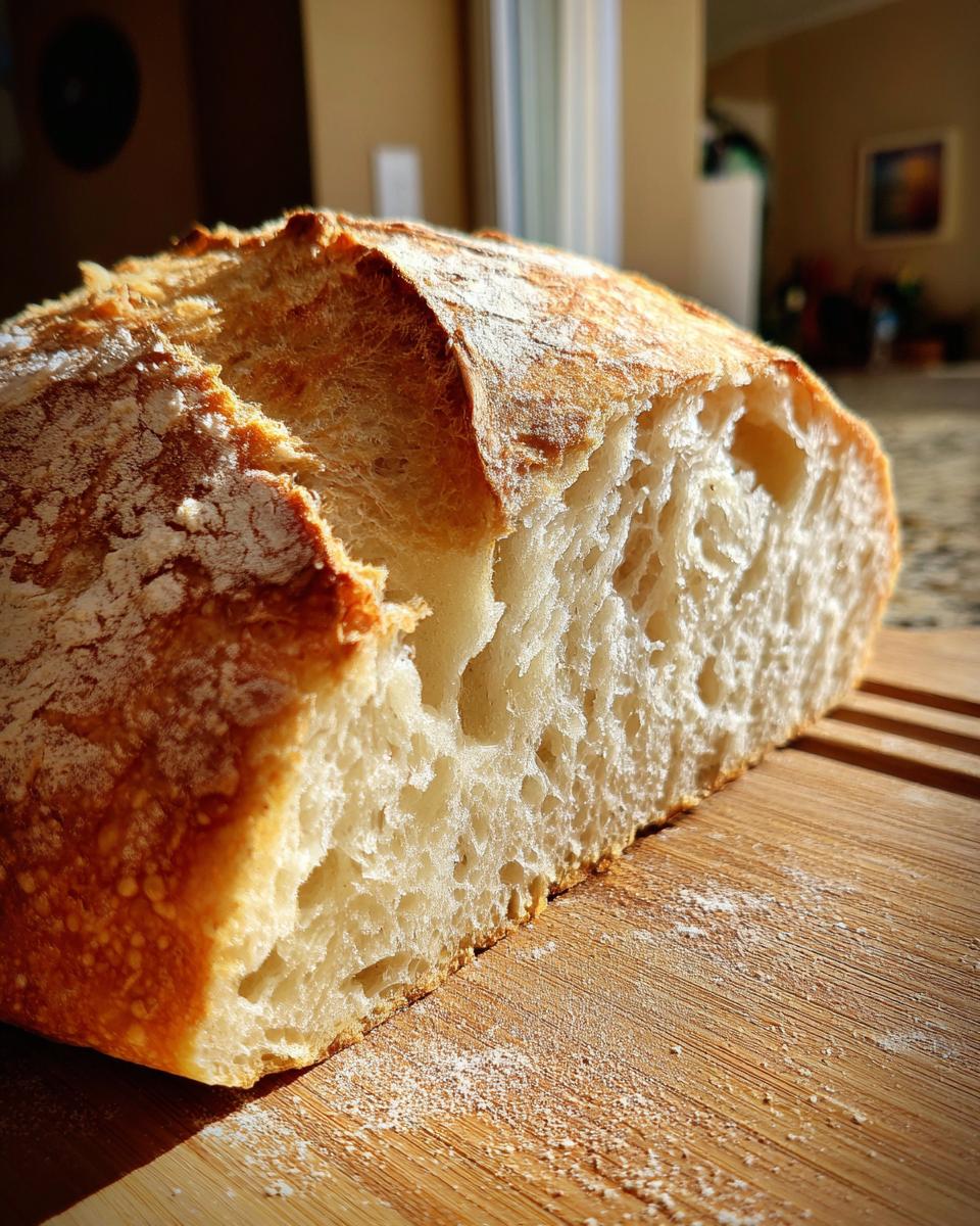 Primer plano de una hogaza de pan casero fácil recién horneada, con corteza dorada y miga aireada.