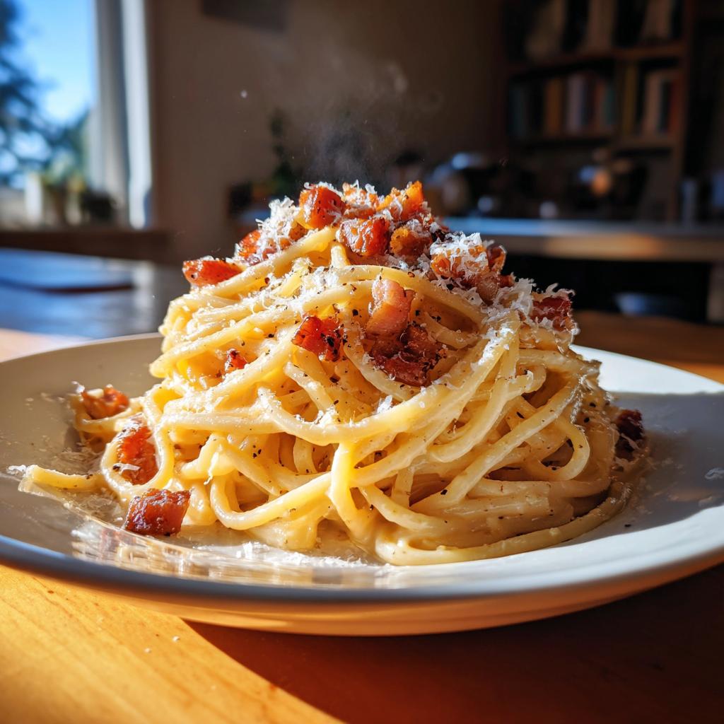 Primer plano de un plato de espagueti carbonara humeante, cubierto con trozos de tocino crujiente y queso parmesano rallado.