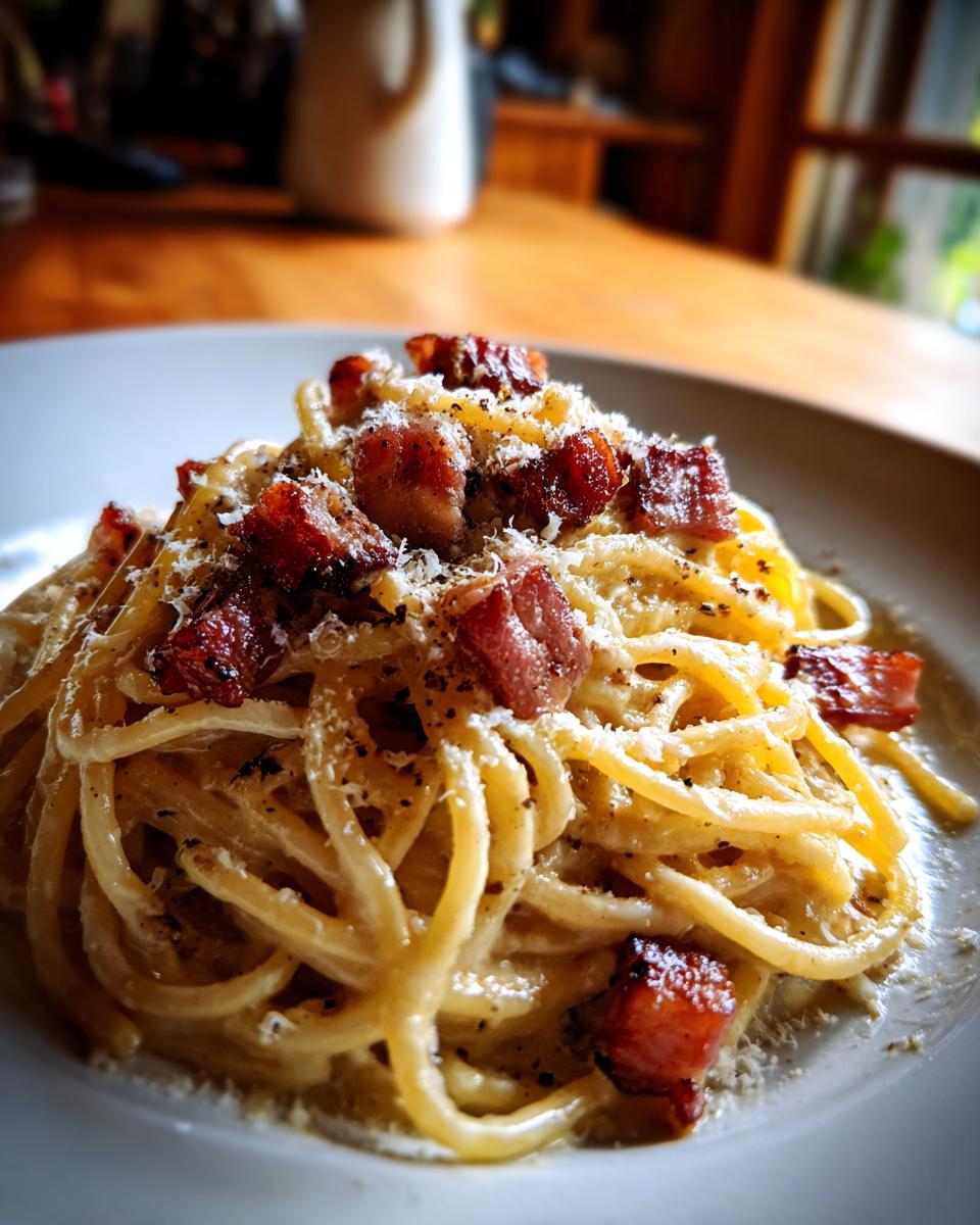 Primer plano de un plato de pasta carbonara, una de las recetas de pasta populares, con trozos de panceta crujiente y queso rallado.