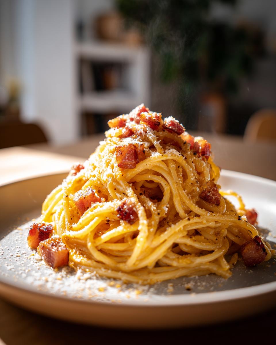 Primer plano de un plato humeante de pasta carbonara, una de las recetas de pasta populares, con trozos de tocino crujiente y queso rallado.