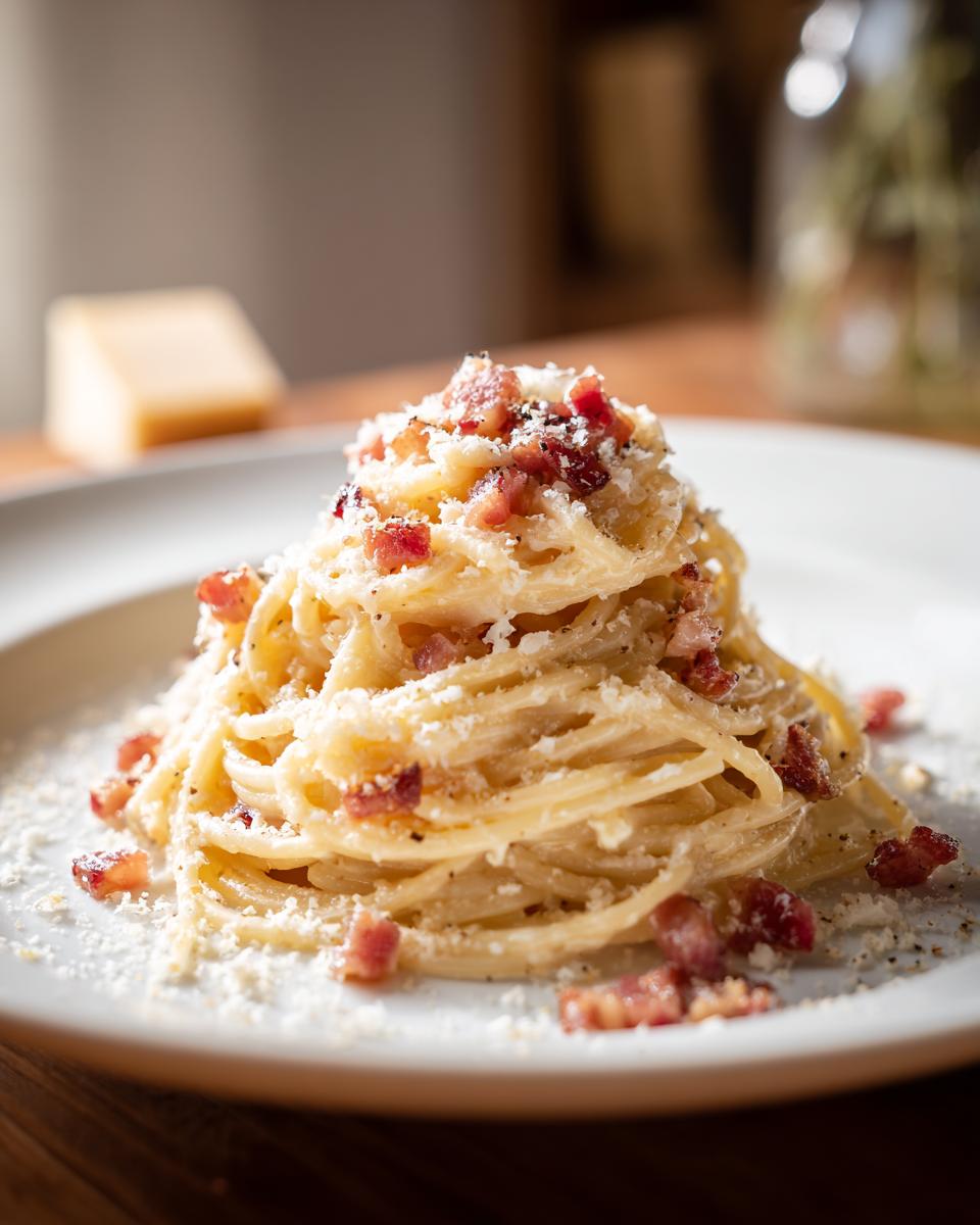 Primer plano de un plato de pasta carbonara, una de las recetas de pasta populares, con espagueti, trozos de tocino crujiente y queso rallado.