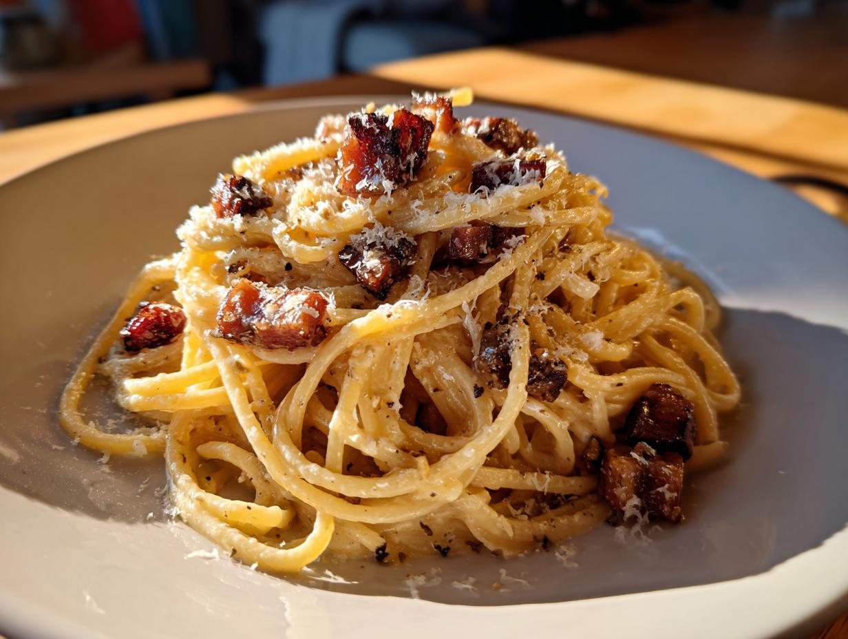 Primer plano de un plato de pasta carbonara, una de las recetas de pasta populares, con trozos de panceta crujiente y queso rallado.