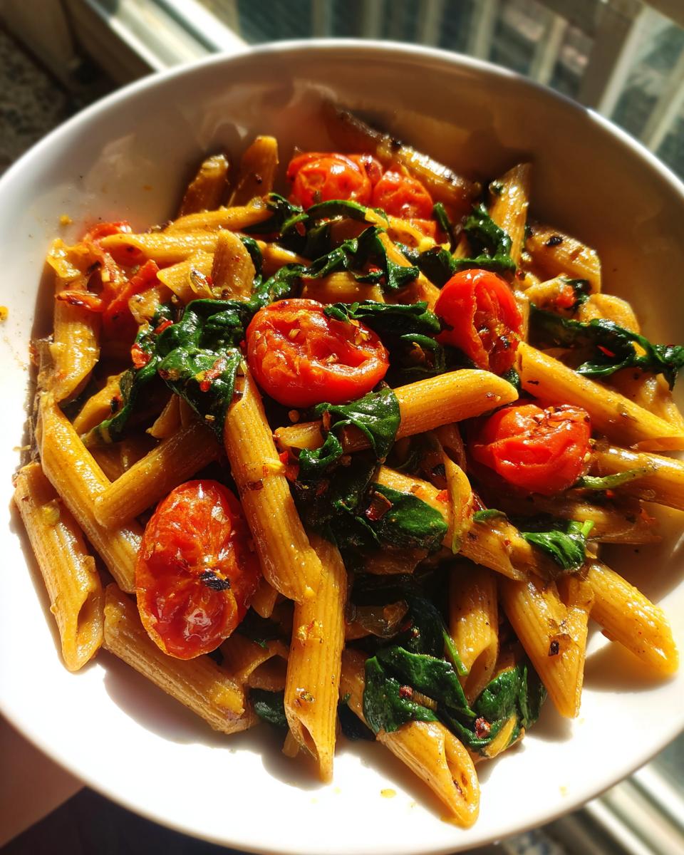 Primer plano de un plato de pasta penne con espinacas frescas y tomates cherry cortados, ideal para recetas para trabajadores ocupados.