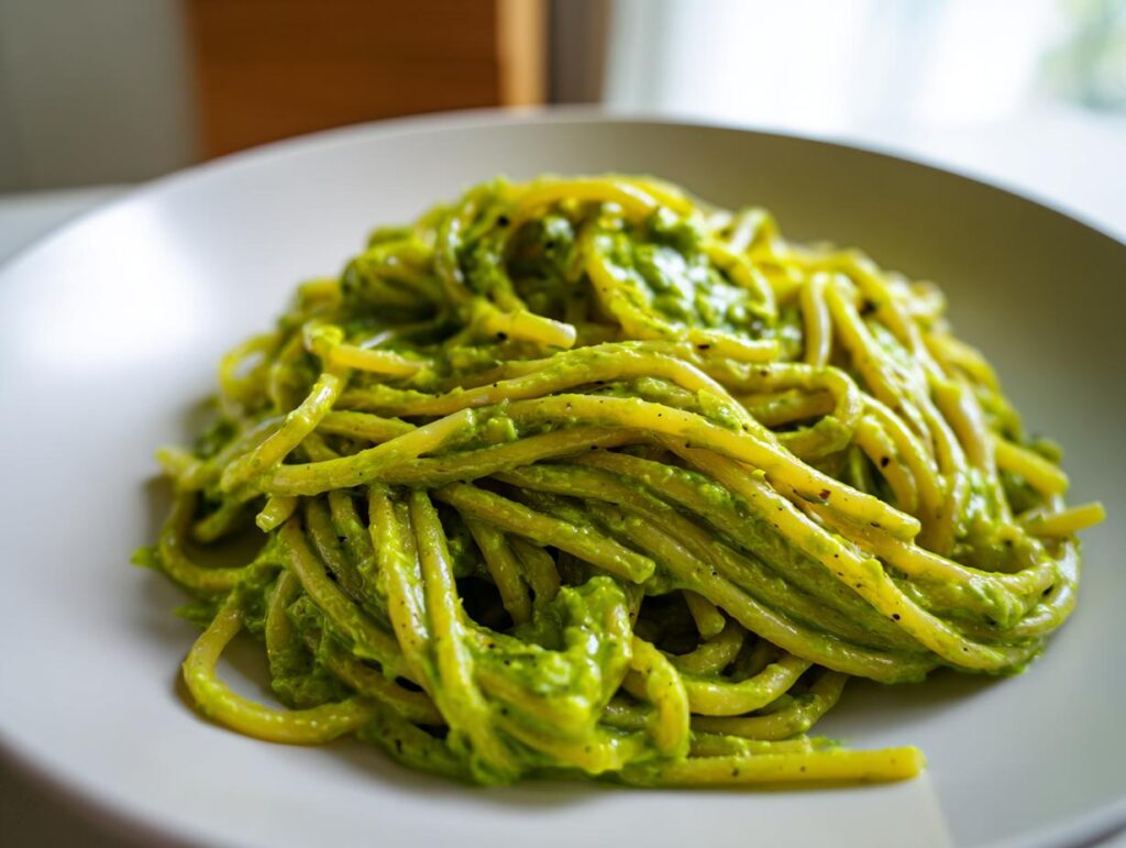 Primer plano de pasta cremosa con salsa verde vibrante, una de las recetas virales de TikTok comida.