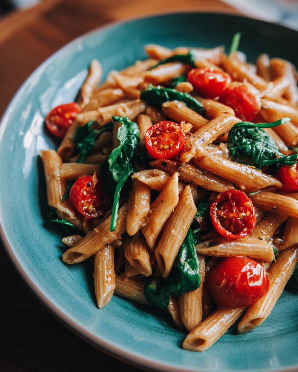 Plato de pasta penne con tomates cherry cortados y espinacas frescas, una de las recetas para trabajadores ocupados.