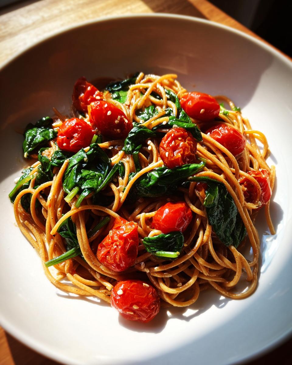 Plato de pasta integral con tomates cherry asados y espinacas frescas, ideal para recetas para trabajadores ocupados.