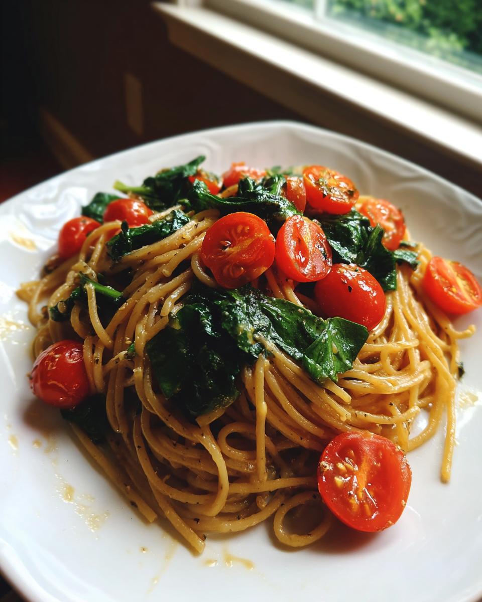 Plato de espagueti con tomates cherry cortados por la mitad y espinacas salteadas, una de las recetas para trabajadores ocupados.