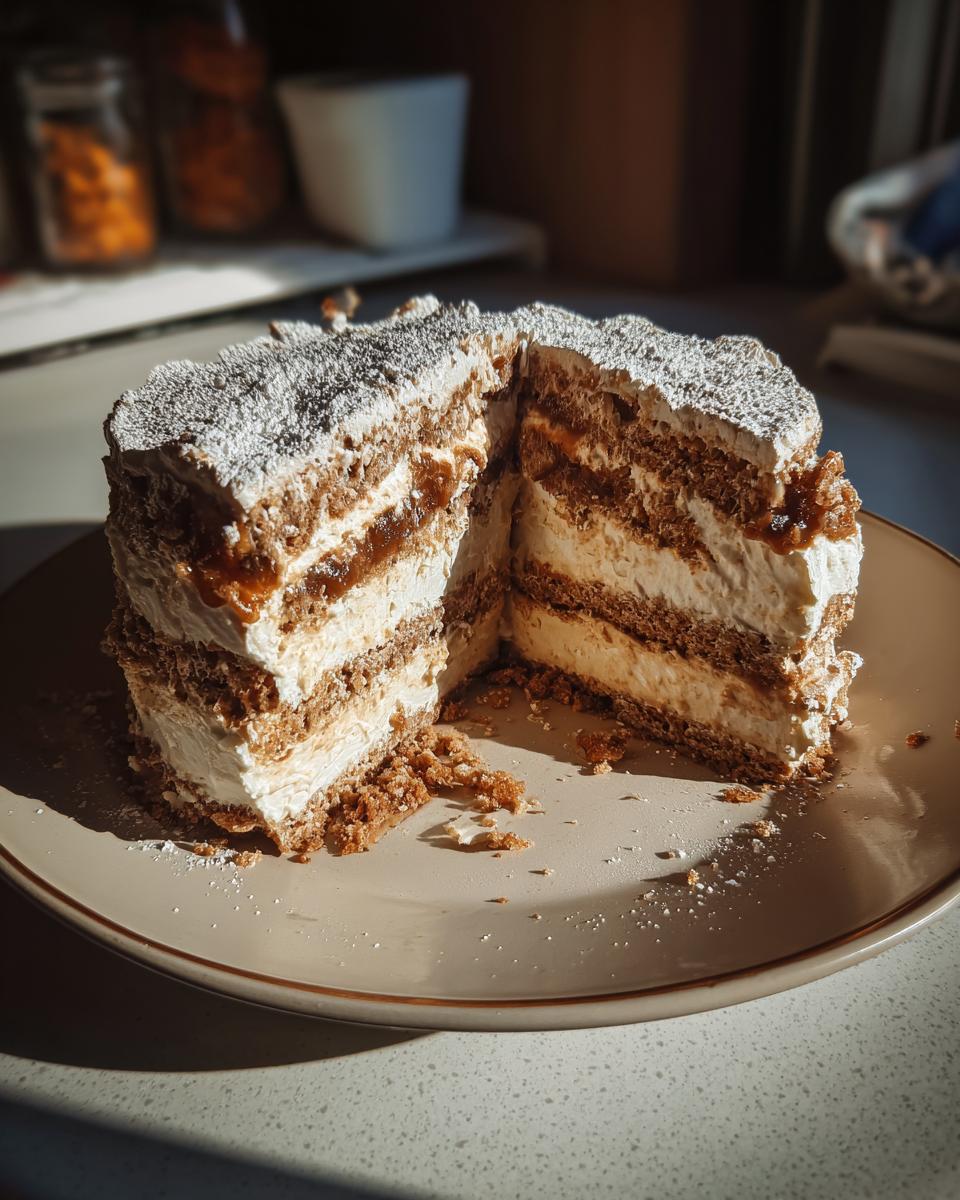 Primer plano de un pastel de capas con crema y dulce de leche, espolvoreado con azúcar glas. Una tendencia en postres navideños en España.