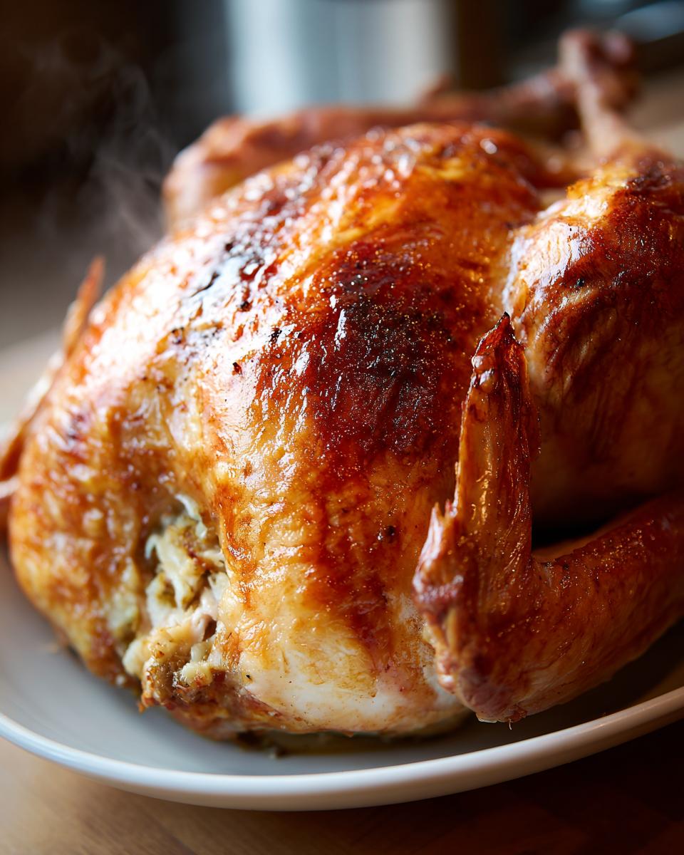 Pavo navideño asado con piel dorada y crujiente servido en plato blanco.