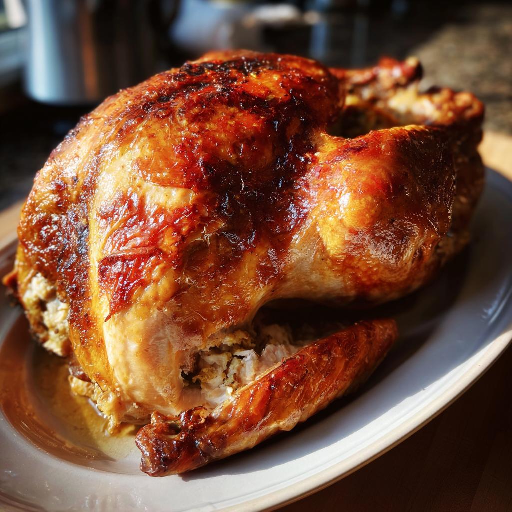 Pavo navideño asado dorado y jugoso servido en un plato blanco