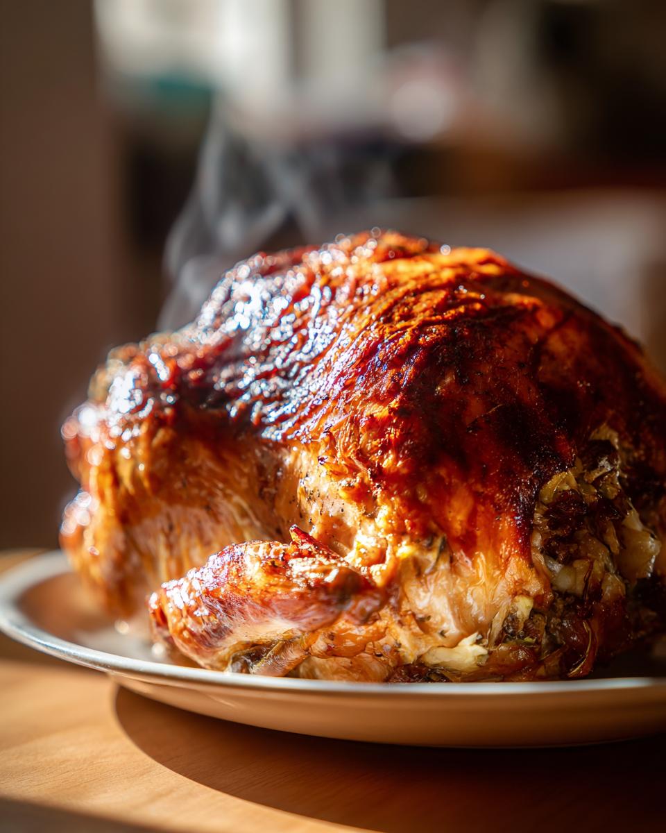 Pavo navideño asado con piel dorada y crujiente en un plato blanco emitiendo vapor.