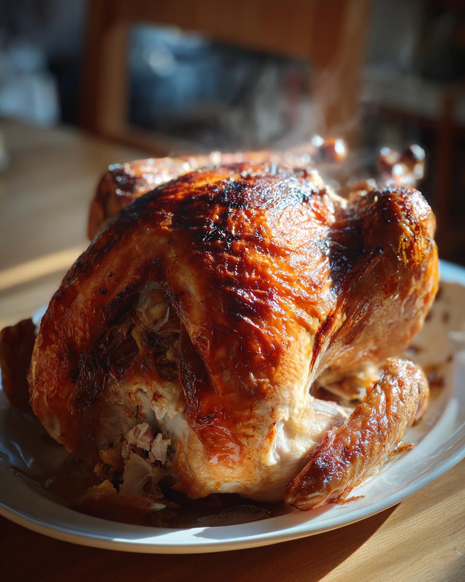 Pavo navideño asado con piel dorada y crujiente servido en plato blanco.
