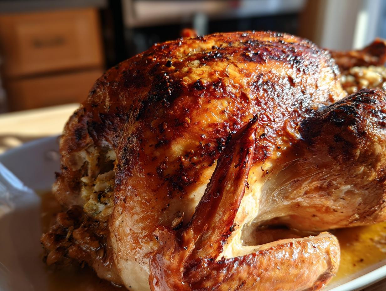 Pavo navideño asado con piel dorada y relleno visible servido en una fuente blanca.