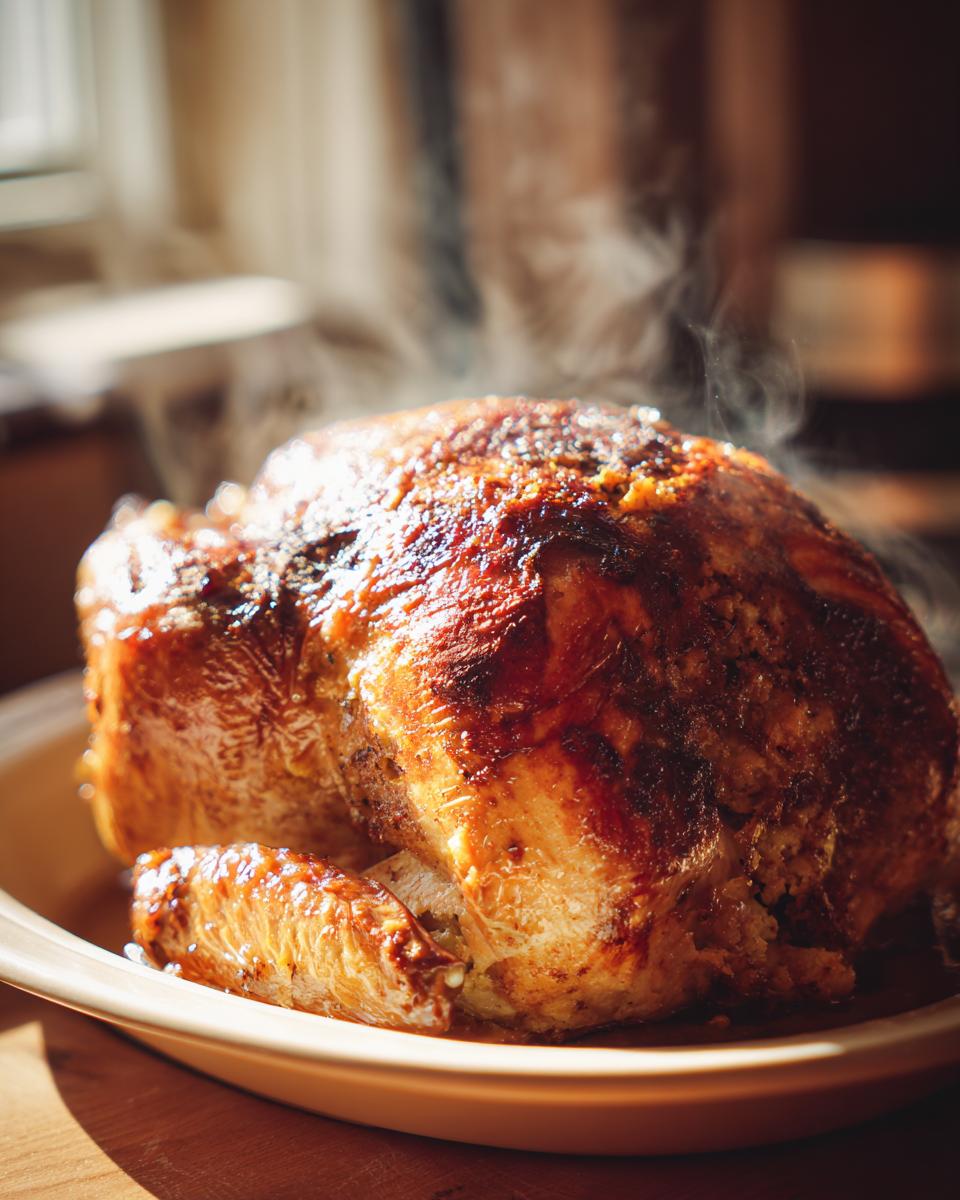 Pavo navideño rostizado humeante y dorado servido en un plato beige