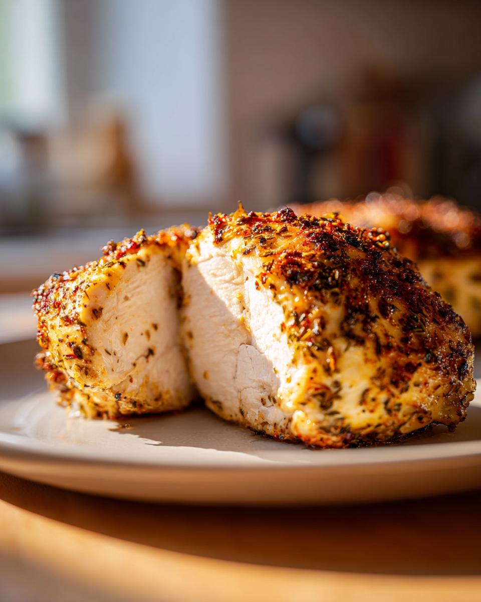 Primer plano de una pechuga de pollo asada cortada por la mitad, mostrando su interior jugoso y la corteza especiada. Ideas para cenas de pollo.