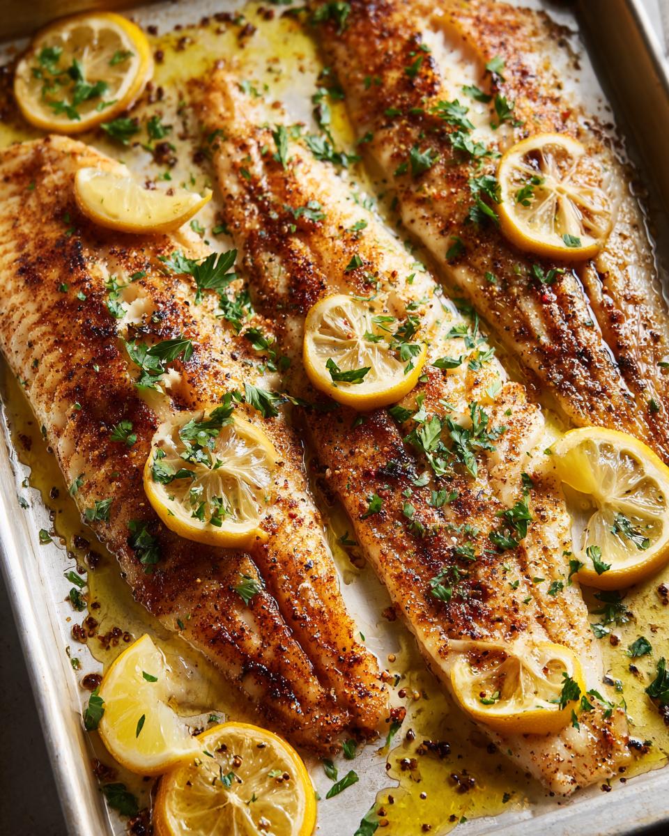Filetes de pescado al horno con rodajas de limón y perejil fresco sobre bandeja
