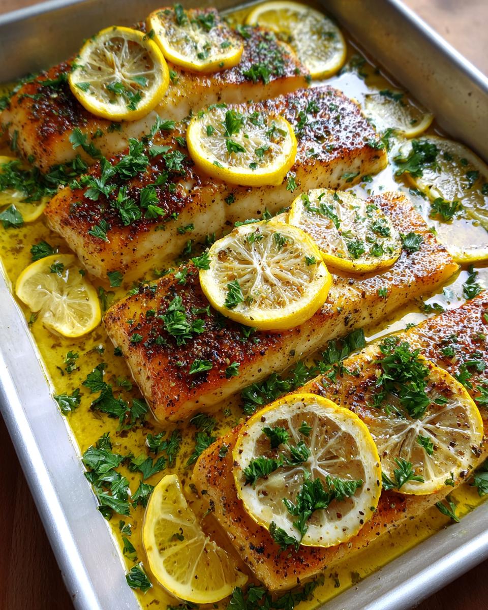 Filetes de pescado al horno con rodajas de limón y perejil fresco en fuente metálica.