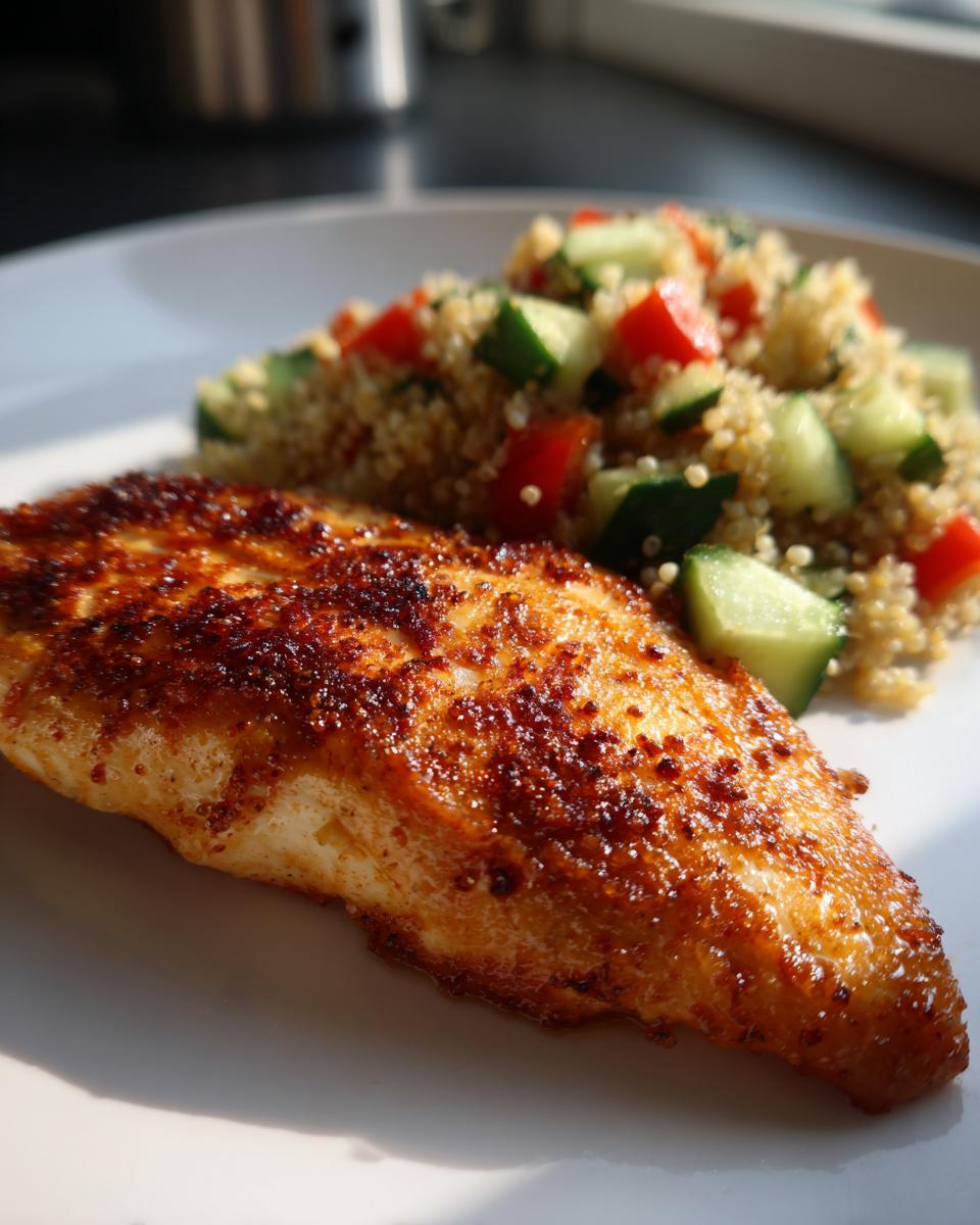 Filete de pescado dorado y crujiente servido con una ensalada fresca de quinoa, pepino y tomate. Una de las ideas para menú semanal.