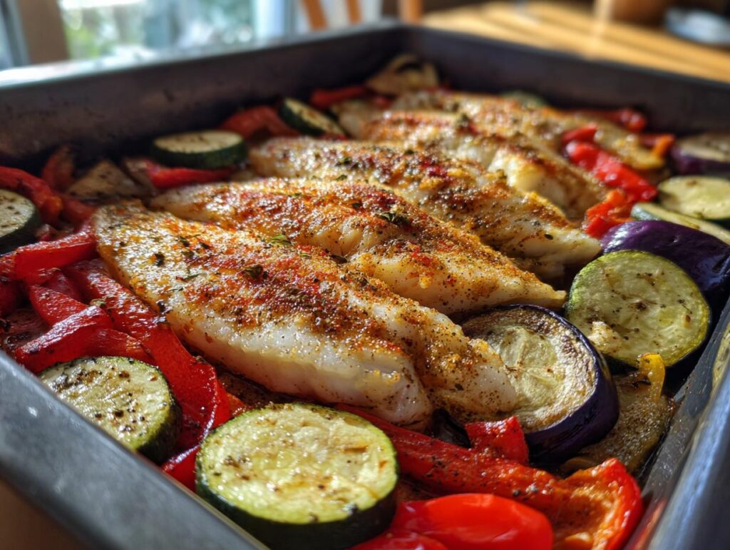 Primer plano de filetes de pescado al horno con pimientos rojos, calabacín y berenjena, parte de recetas saludables con pescado.