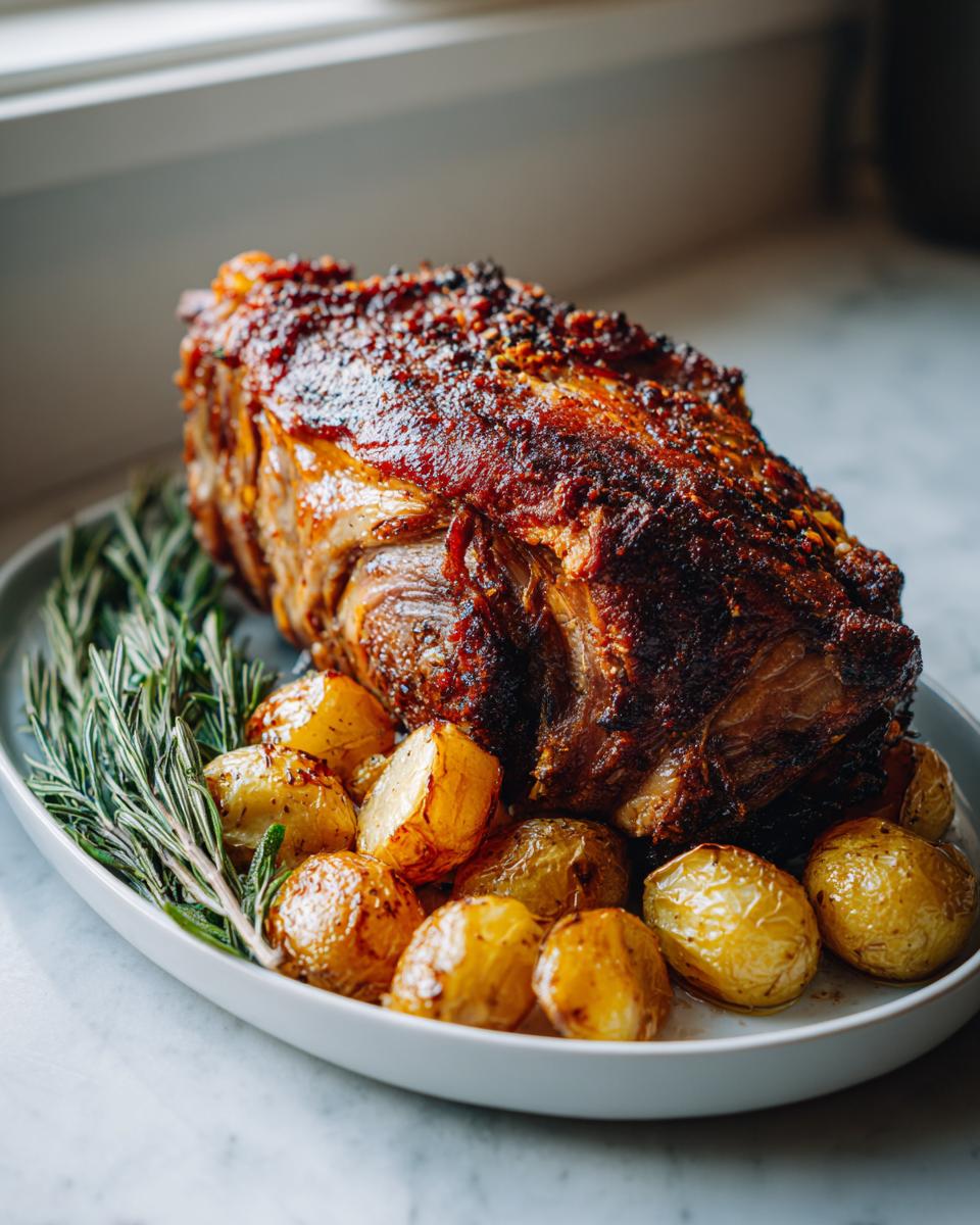 Pierna de cerdo asada con papas doradas y ramitas de romero en plato blanco