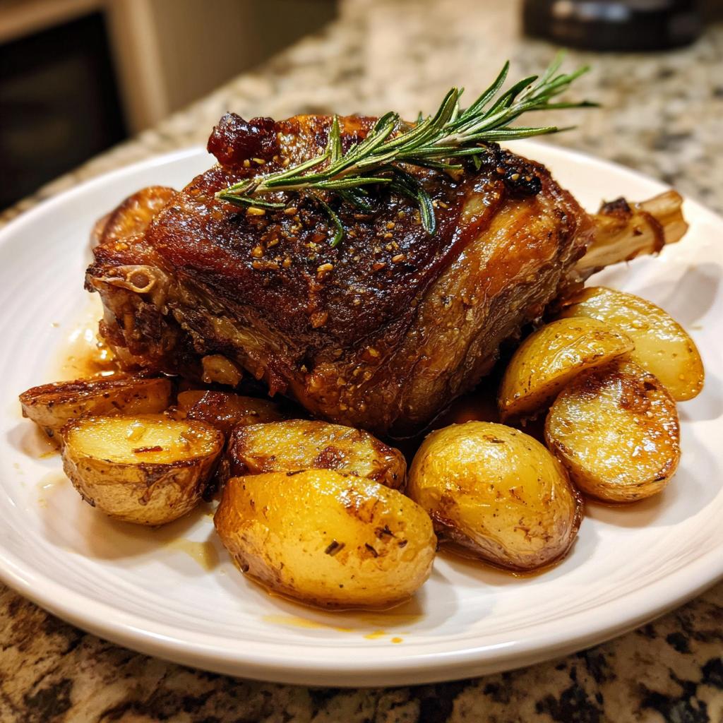 Pierna de cordero asada con costra dorada acompañada de papas asadas y ramita de romero