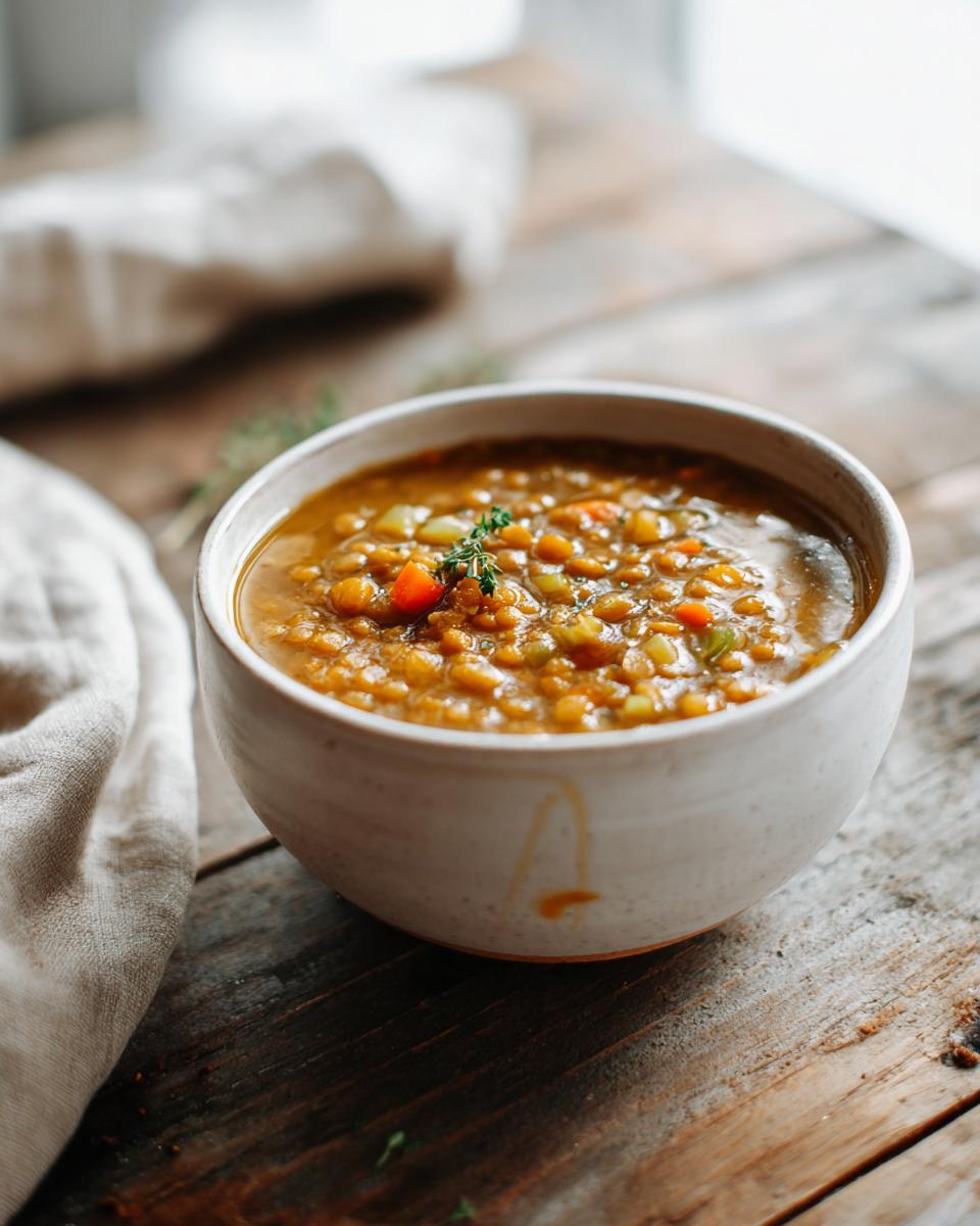 Tazón blanco con plato de cuchara invierno de lentejas y verduras sobre mesa de madera