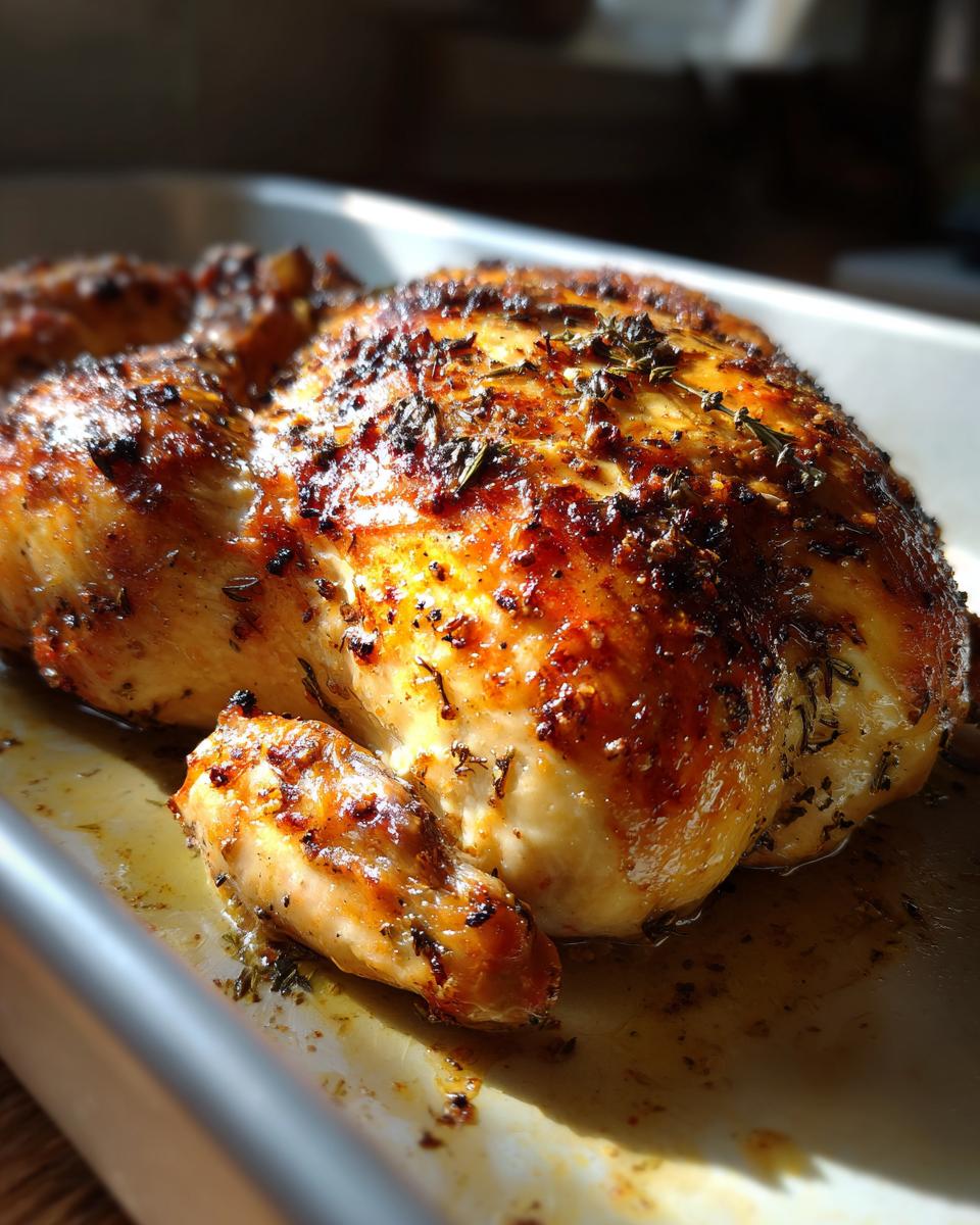 Pollo al horno dorado con hierbas y especias en bandeja metálica