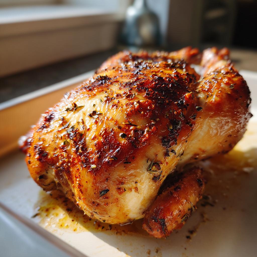 Pollo al horno dorado con especias y jugos en fuente para hornear.