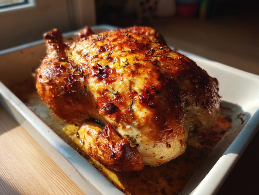 Pollo al horno dorado y jugoso con hierbas en bandeja blanca sobre mesa de madera.