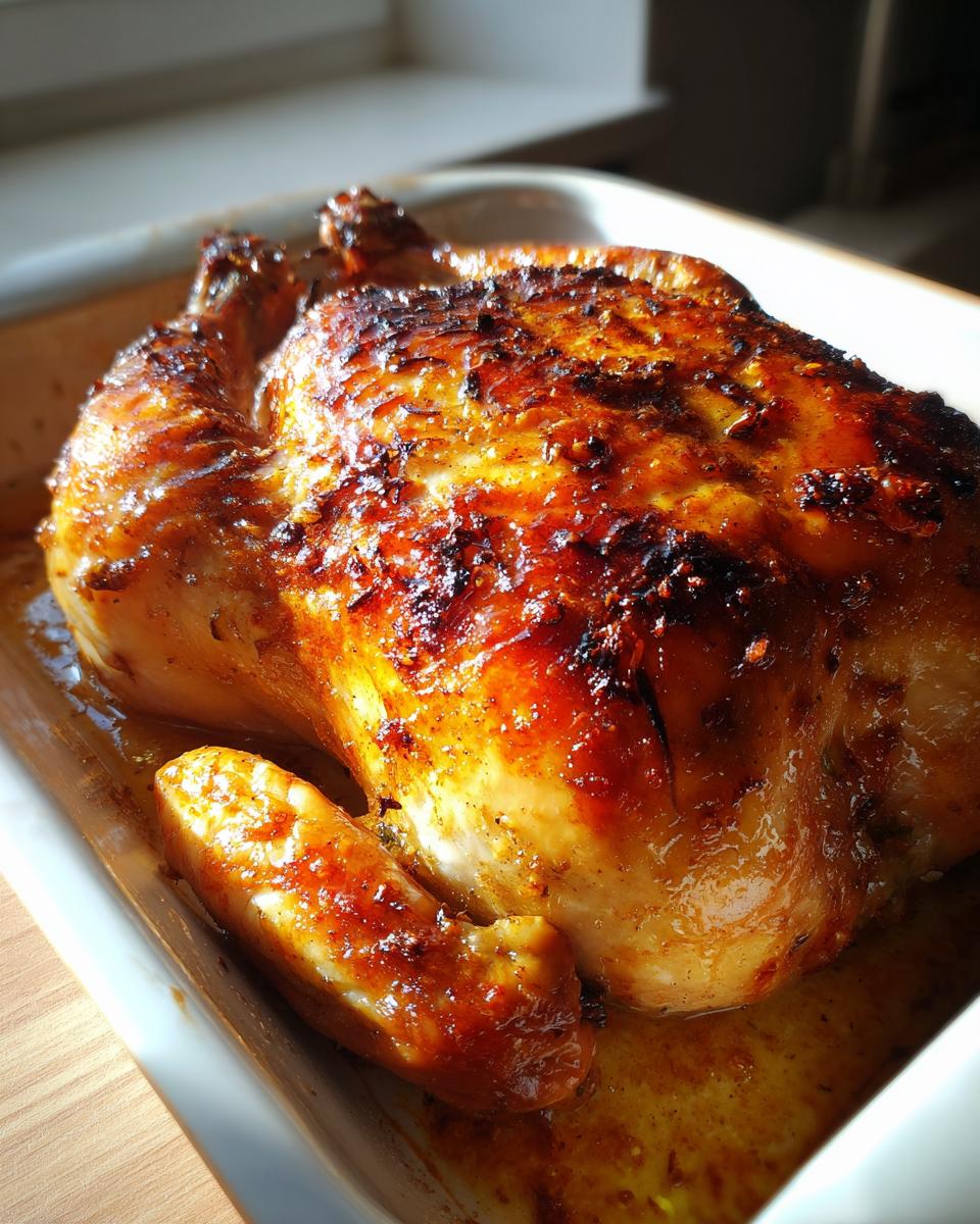 Pollo al horno dorado con piel crujiente en bandeja blanca