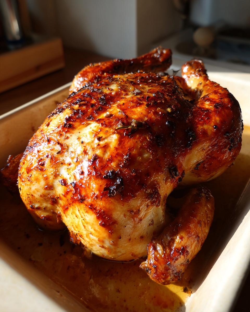 Pollo al horno dorado y jugoso con piel crujiente y especias en fuente para hornear.