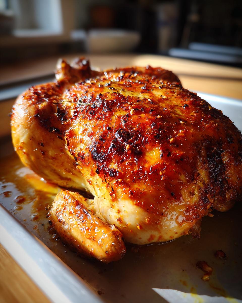 Pollo al horno dorado con piel crujiente y especias en una bandeja metálica