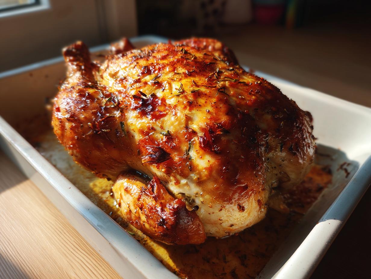Pollo al horno dorado y jugoso con hierbas en bandeja blanca sobre mesa de madera.