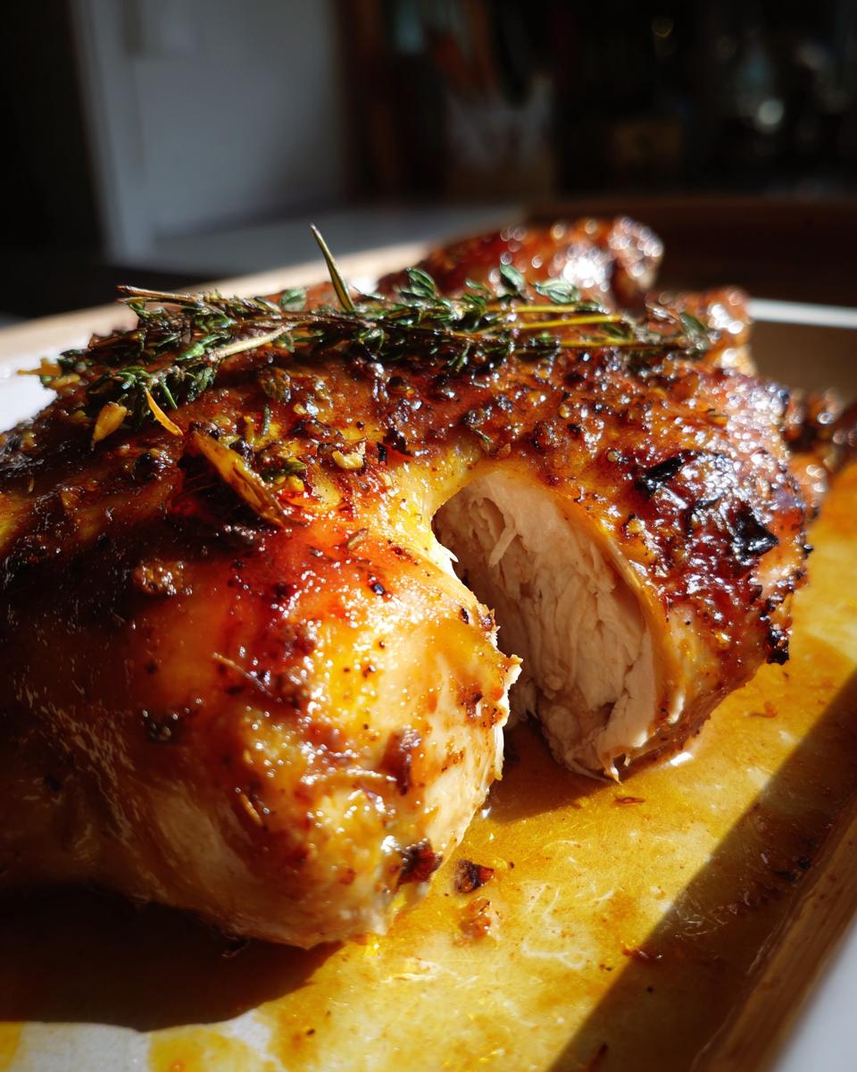 Primer plano de un pollo al horno fácil, jugoso y dorado, con hierbas frescas y su jugo.