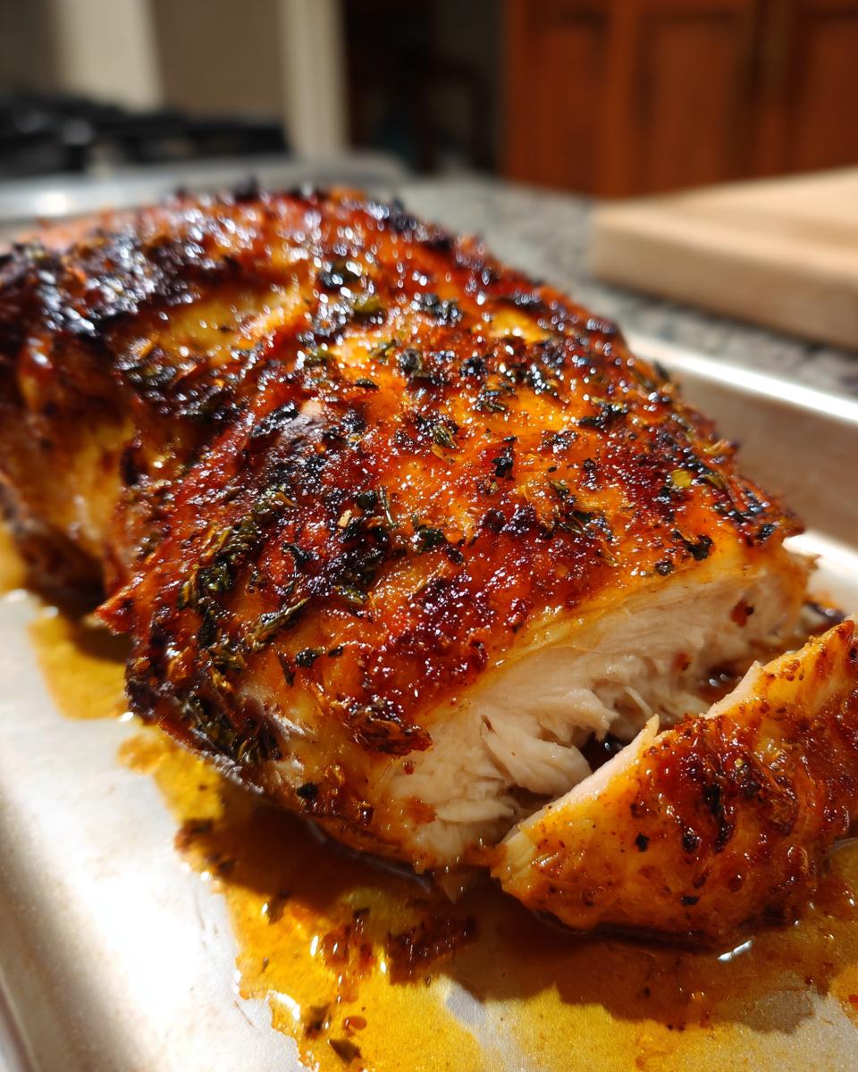 Primer plano de un pollo al horno fácil, jugoso y dorado, con hierbas y especias.
