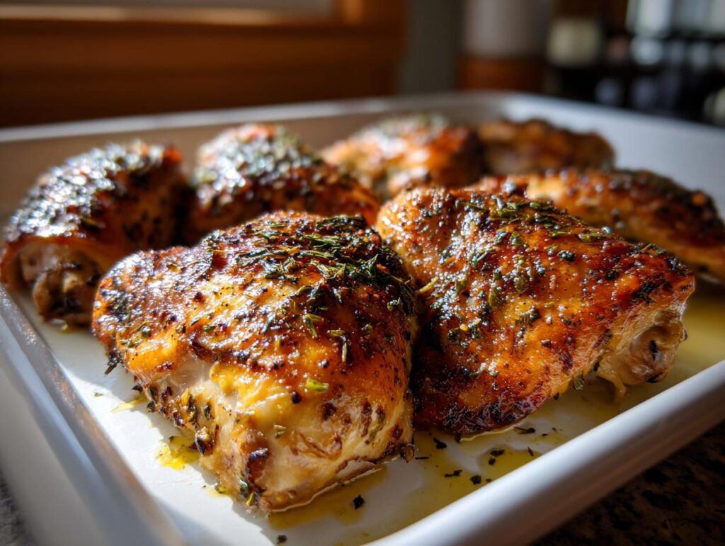 Primer plano de deliciosas piezas de pollo al horno fáciles, doradas y cubiertas con hierbas.